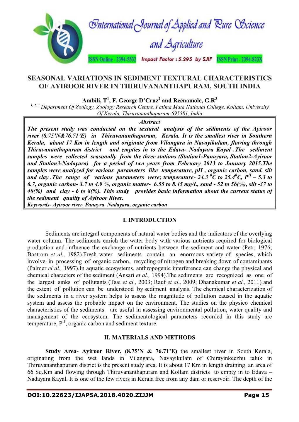 Seasonal Variations in Sediment Textural Characteristics of Ayiroor River in Thiruvananthapuram, South India