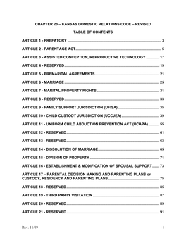 Rev. 11/09 1 CHAPTER 23 – KANSAS DOMESTIC RELATIONS CODE