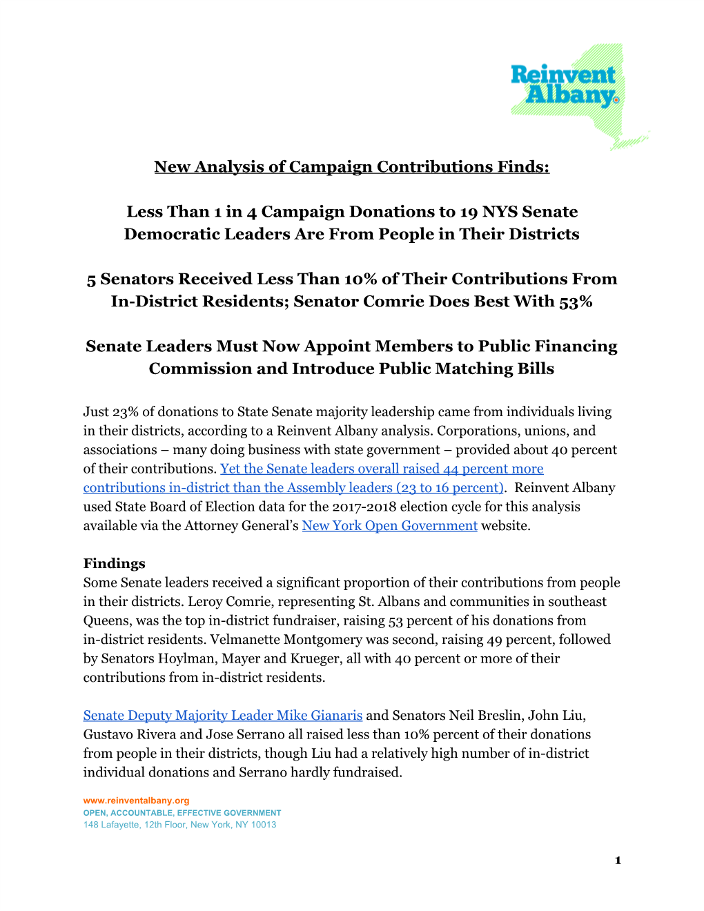 Less Than 1 in 4 Campaign Donations to 19 NYS Senate Democratic Leaders Are from People in Their Districts