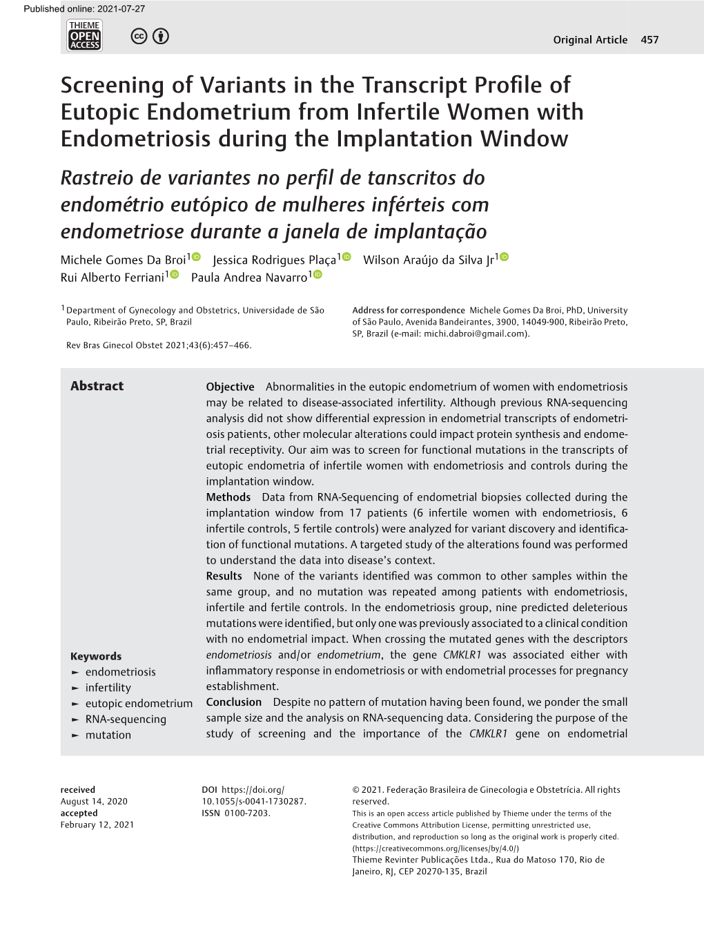 Screening of Variants in the Transcript Profile of Eutopic Endometrium from Infertile Women with Endometriosis During the Implan