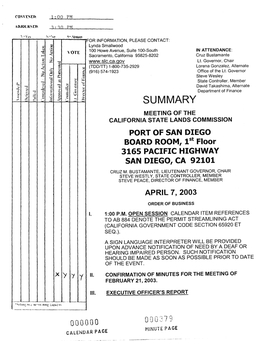 SUMMARY MEETING of the CALIFORNIA STATE LANDS COMMISSION PORT of SAN DIEGO BOARD ROOM, 1St Floor 3165 PACIFIC HIGHWAY SAN DIEGO, CA 92101