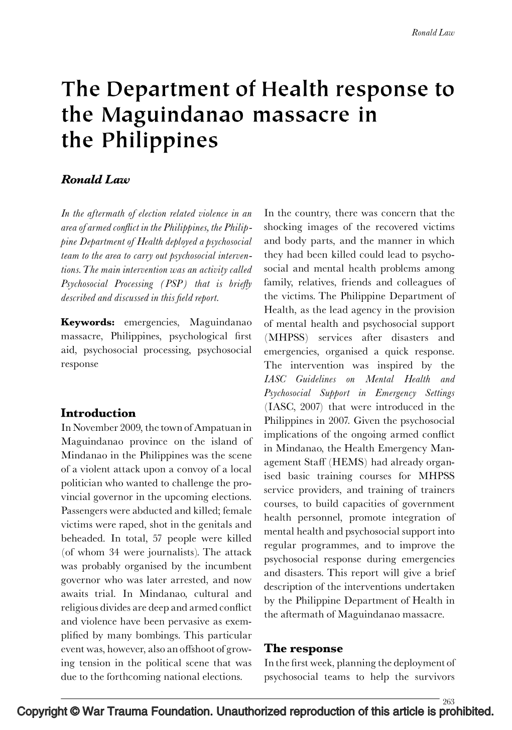 The Department of Health Response to the Maguindanao Massacre in the Philippines