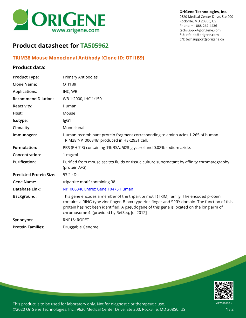 TRIM38 Mouse Monoclonal Antibody [Clone ID: OTI1B9] Product Data