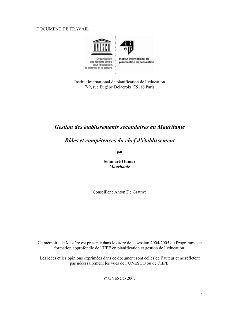 Gestion Des Établissements Secondaires En Mauritanie Rôles Et