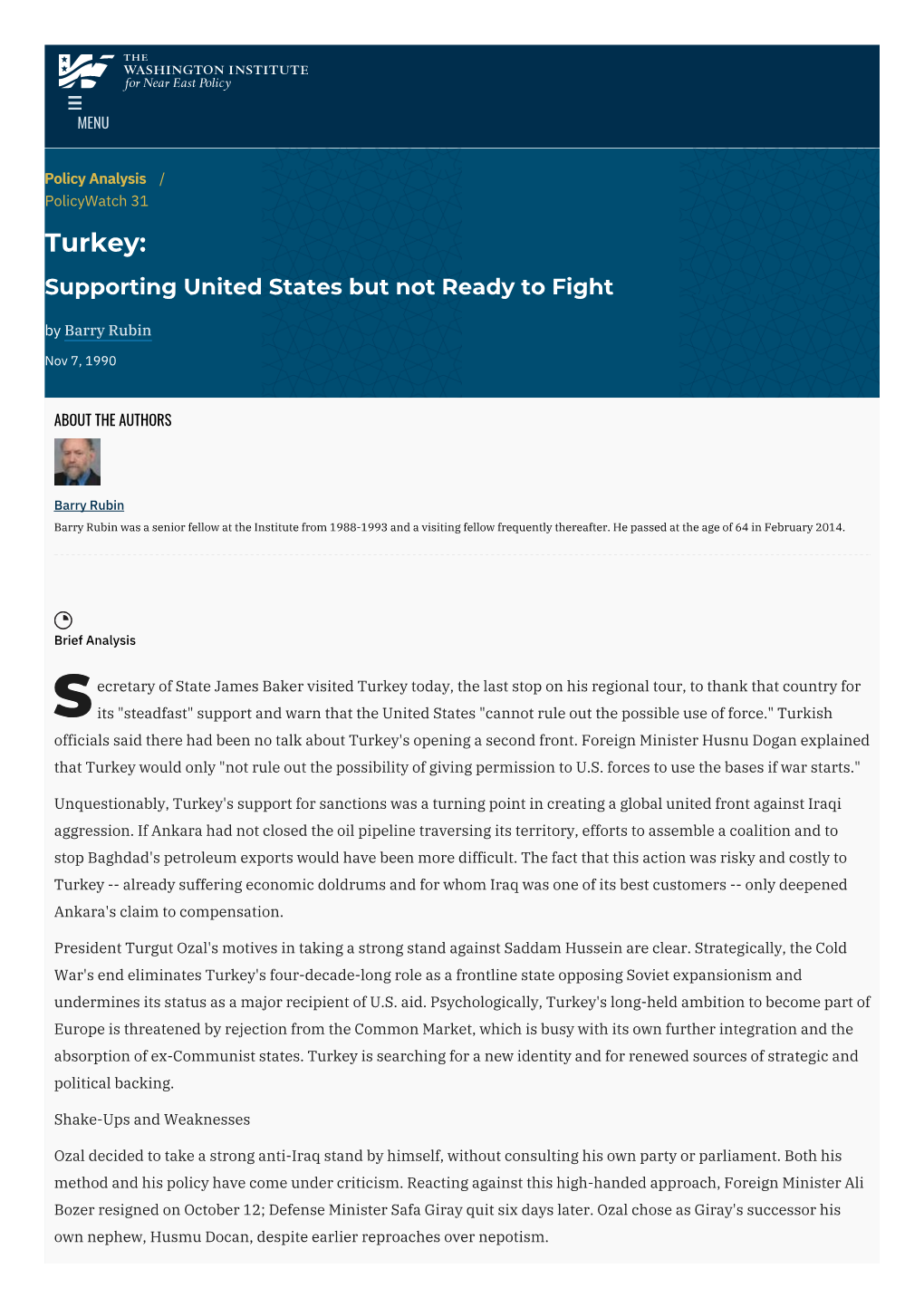 Turkey: Supporting United States but Not Ready to Fight by Barry Rubin