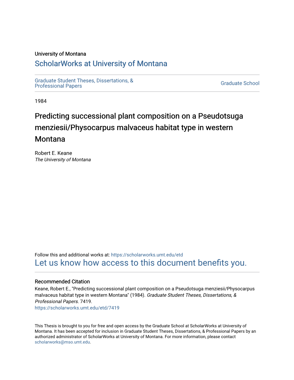Predicting Successional Plant Composition on a Pseudotsuga Menziesii/Physocarpus Malvaceus Habitat Type in Western Montana