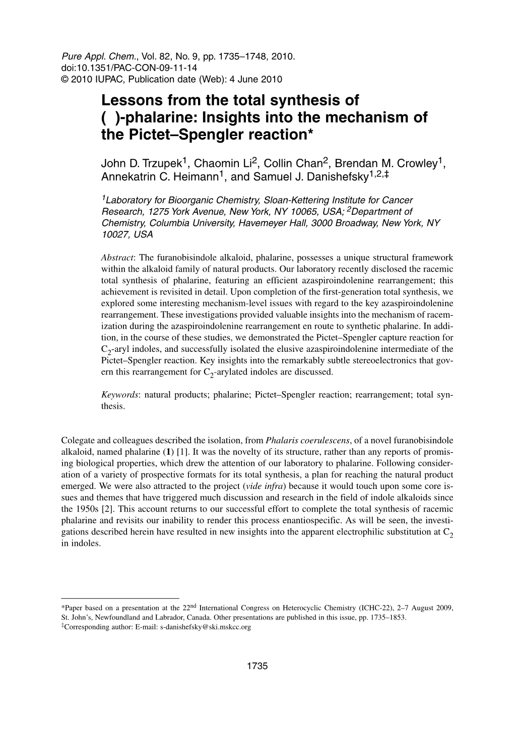 Phalarine: Insights Into the Mechanism of the Pictet–Spengler Reaction*