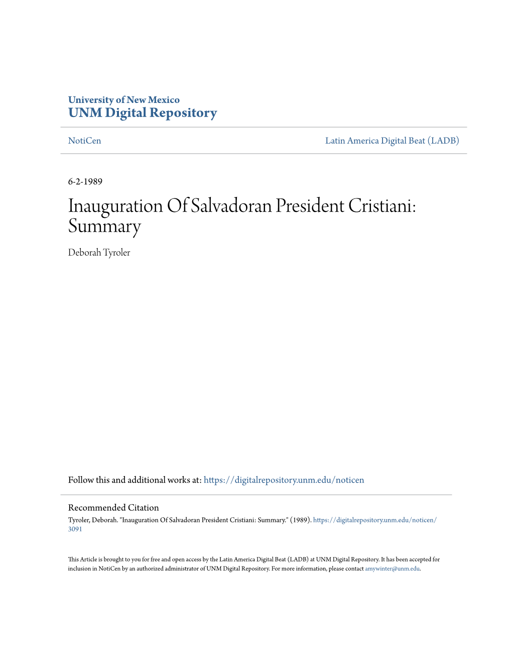 Inauguration of Salvadoran President Cristiani: Summary Deborah Tyroler