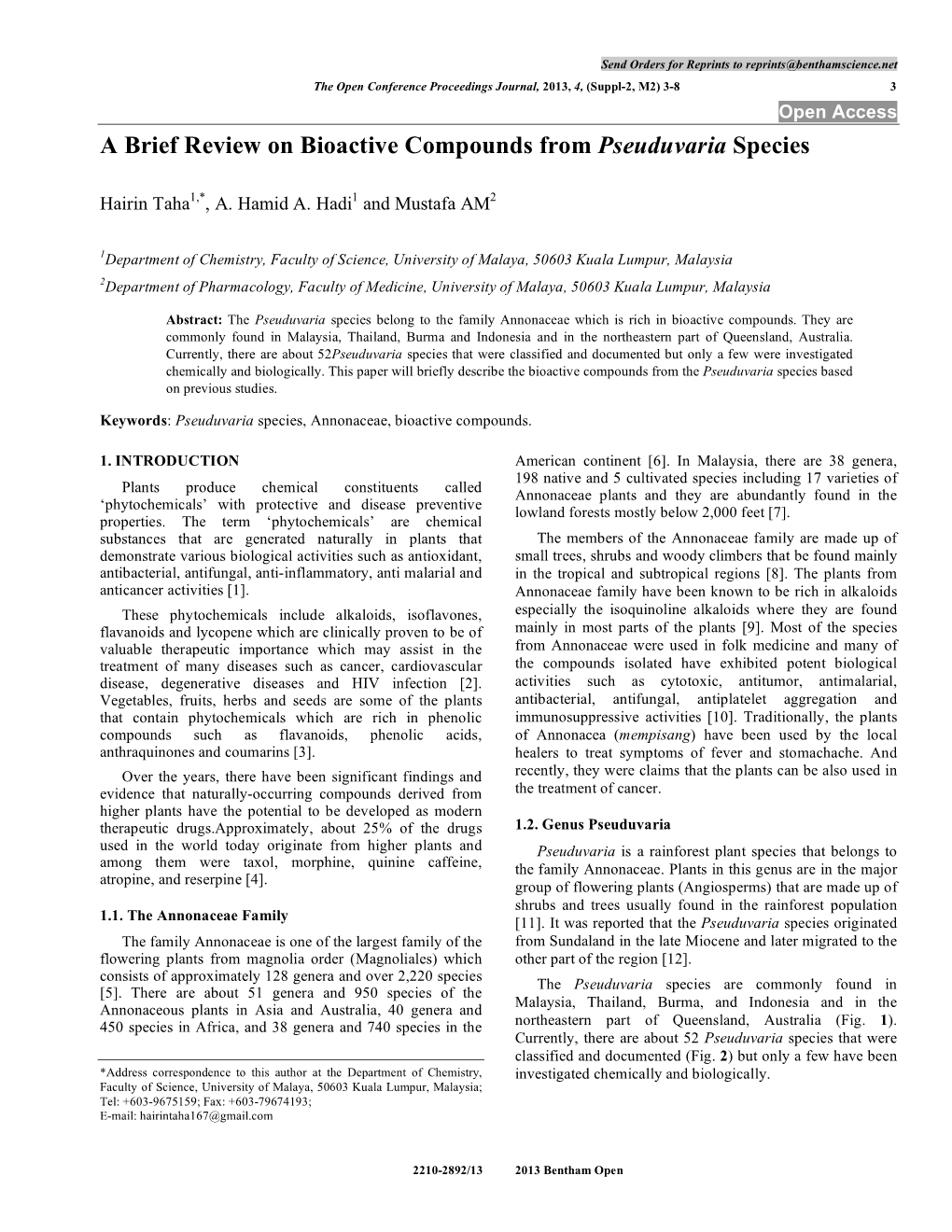 A Brief Review on Bioactive Compounds from Pseuduvaria Species