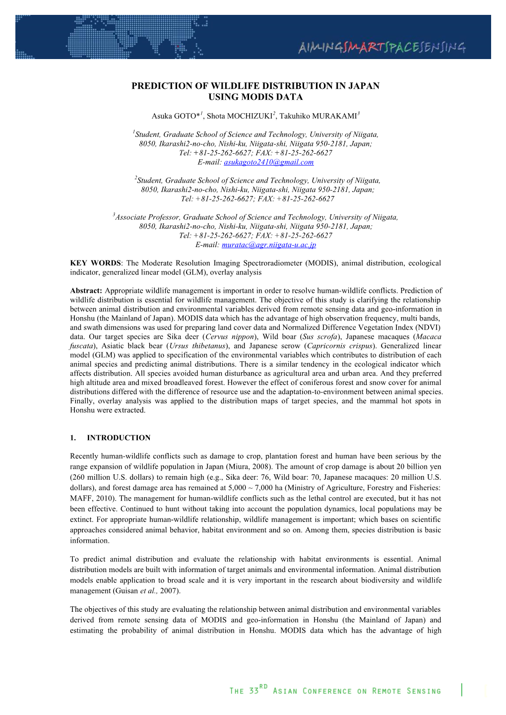 Prediction of Wildlife Distribution in Japan Using Modis Data