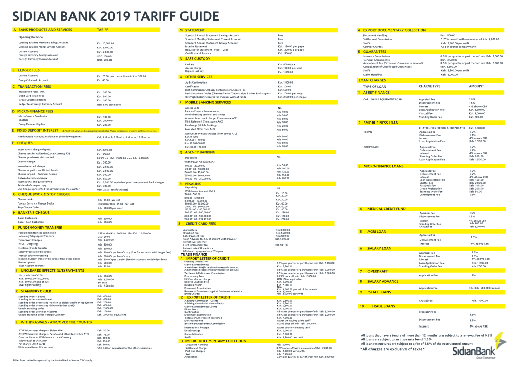 Sidian Bank Tariff Guide 2019