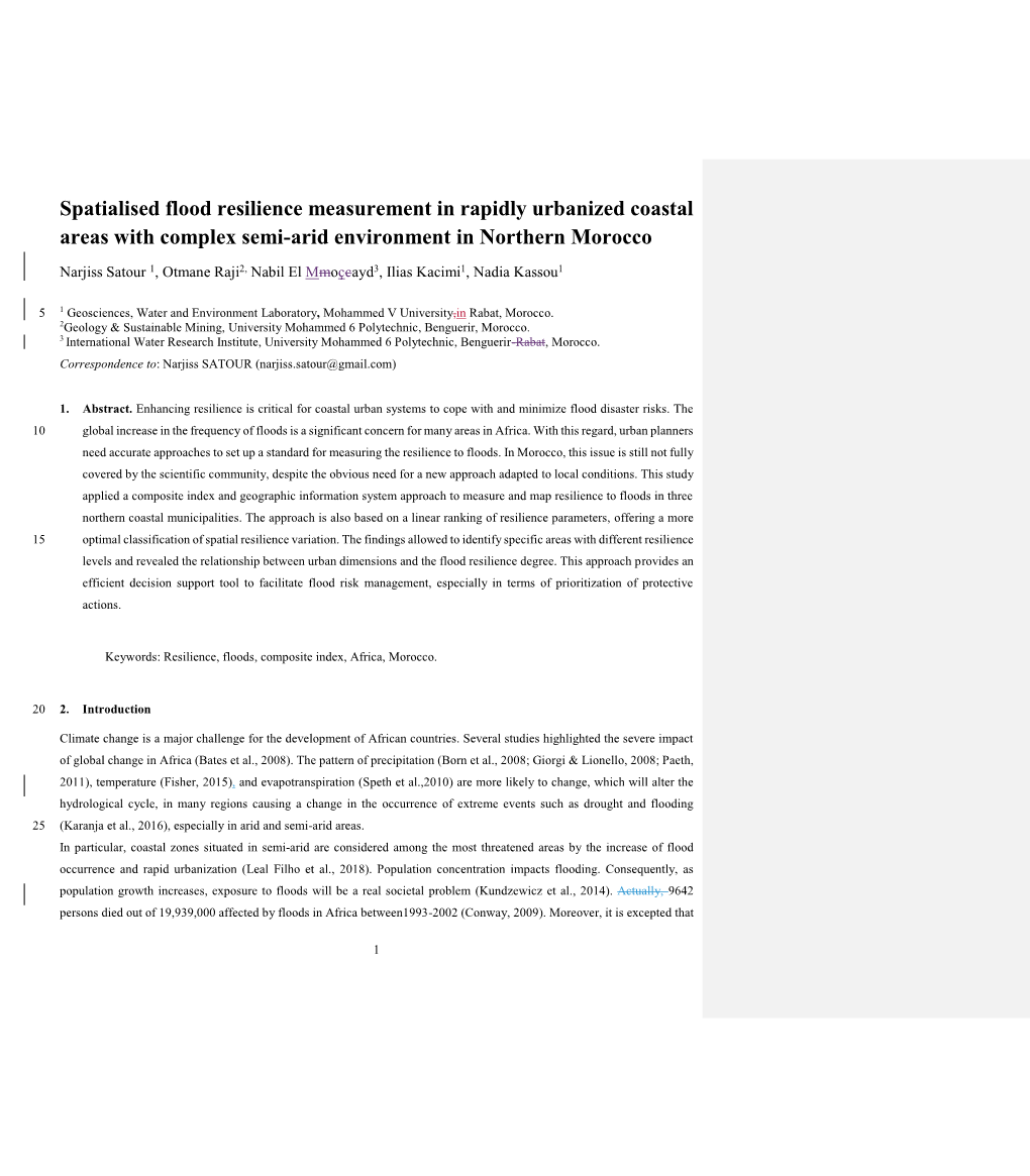 Spatialised Flood Resilience Measurement in Rapidly Urbanized Coastal Areas with Complex Semi-Arid Environment in Northern Morocco