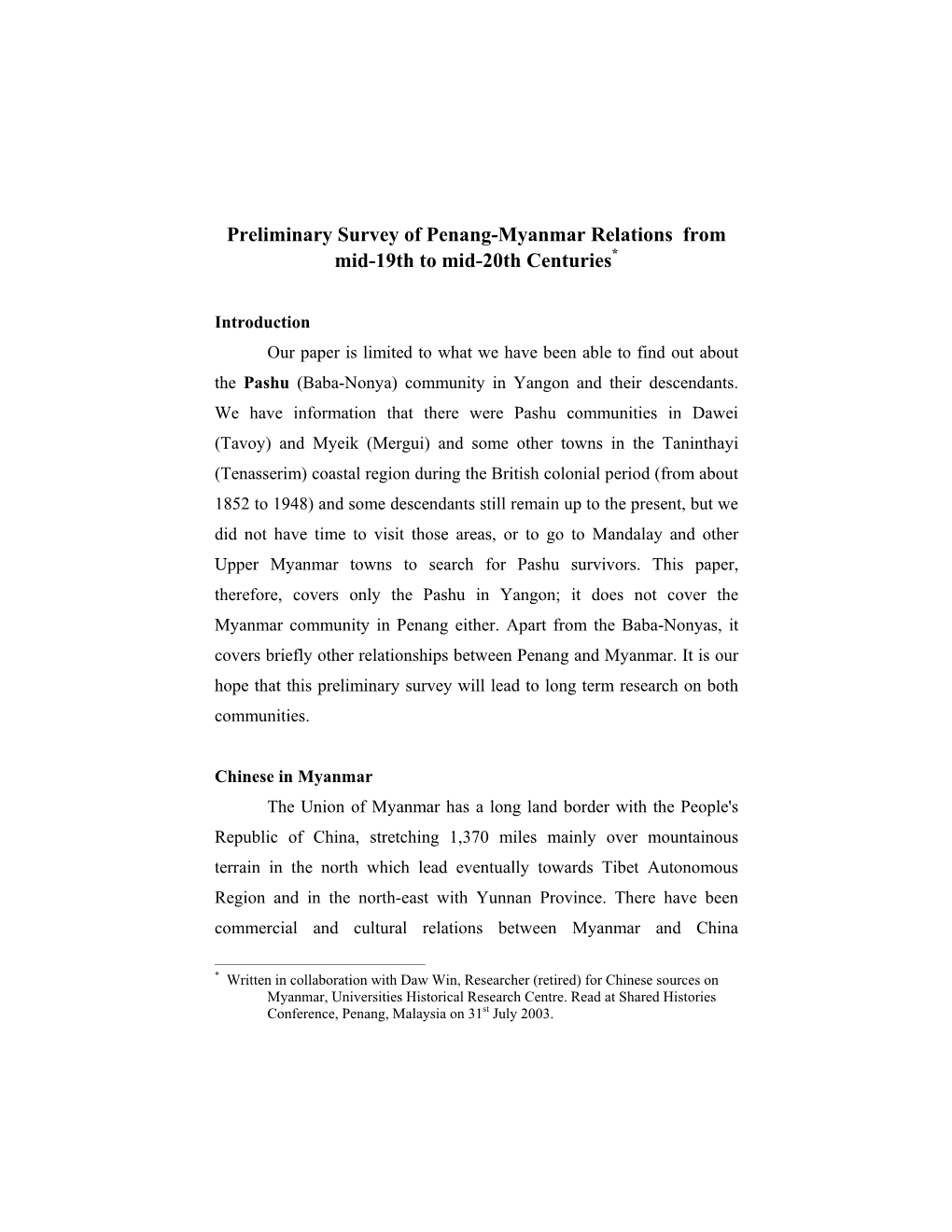 Preliminary Survey of Penang-Myanmar Relations from Mid-19Th to Mid-20Th Centuries*