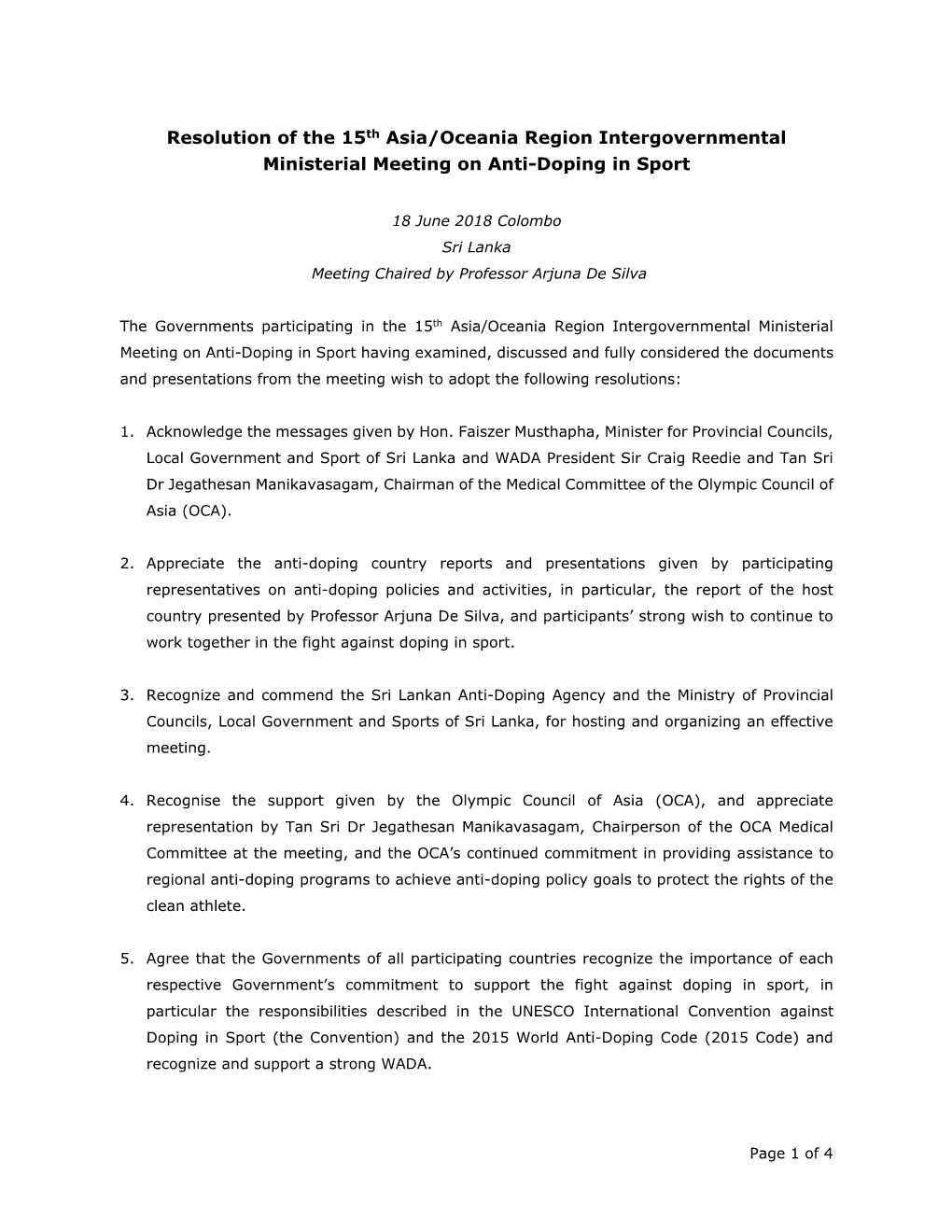 Resolution of the 15Th Asia/Oceania Region Intergovernmental Ministerial Meeting on Anti-Doping in Sport