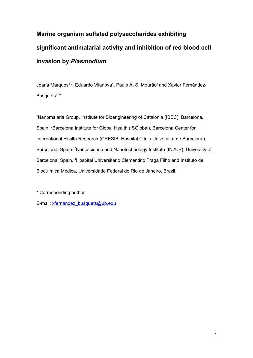 Marine Organism Sulfated Polysaccharides Exhibiting Significant Antimalarial Activity