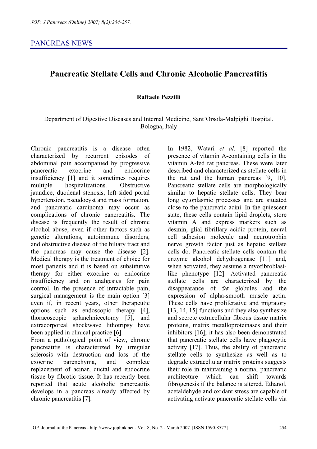 Pancreatic Stellate Cells and Chronic Alcoholic Pancreatitis