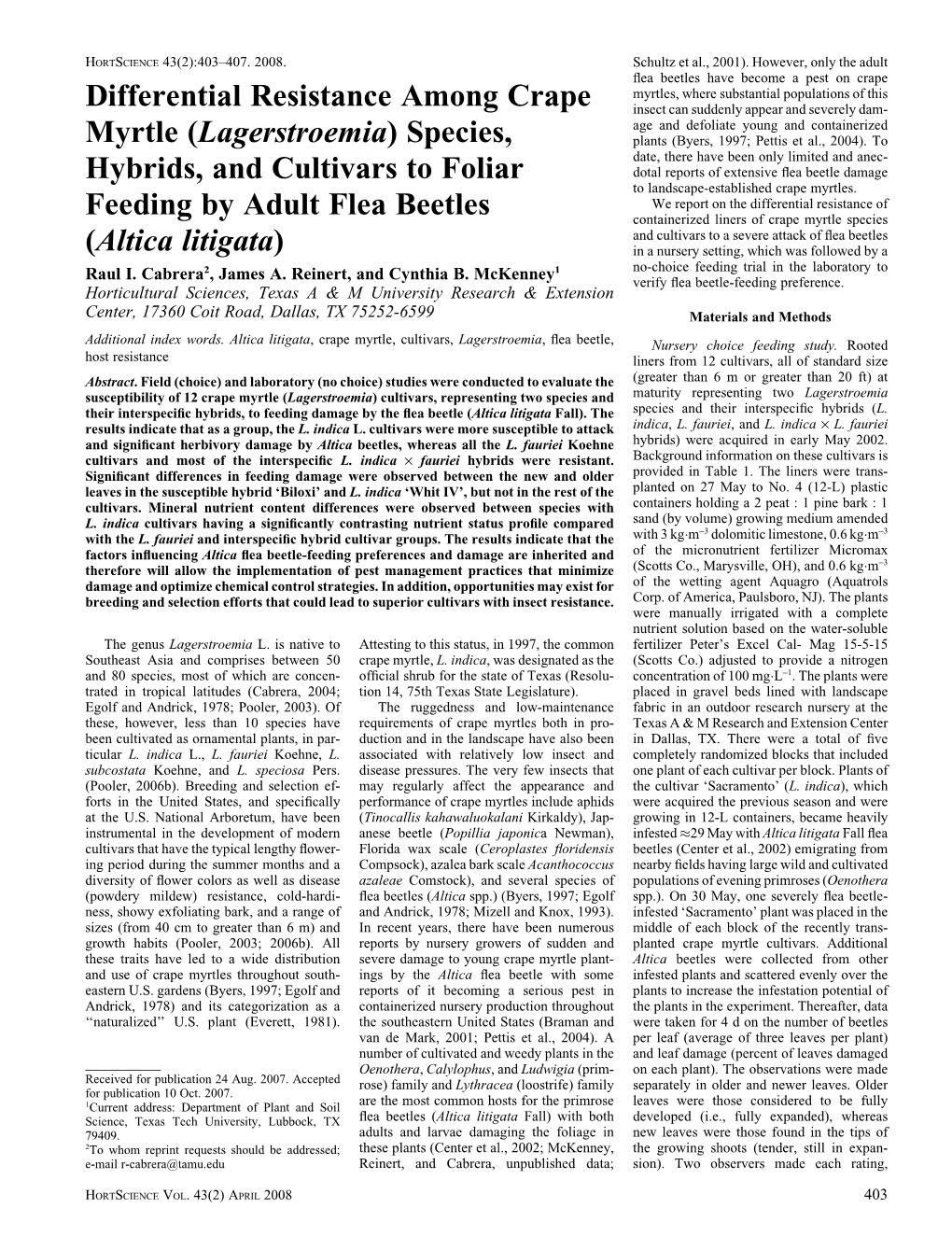 Differential Resistance Among Crape Myrtle (Lagerstroemia) Species