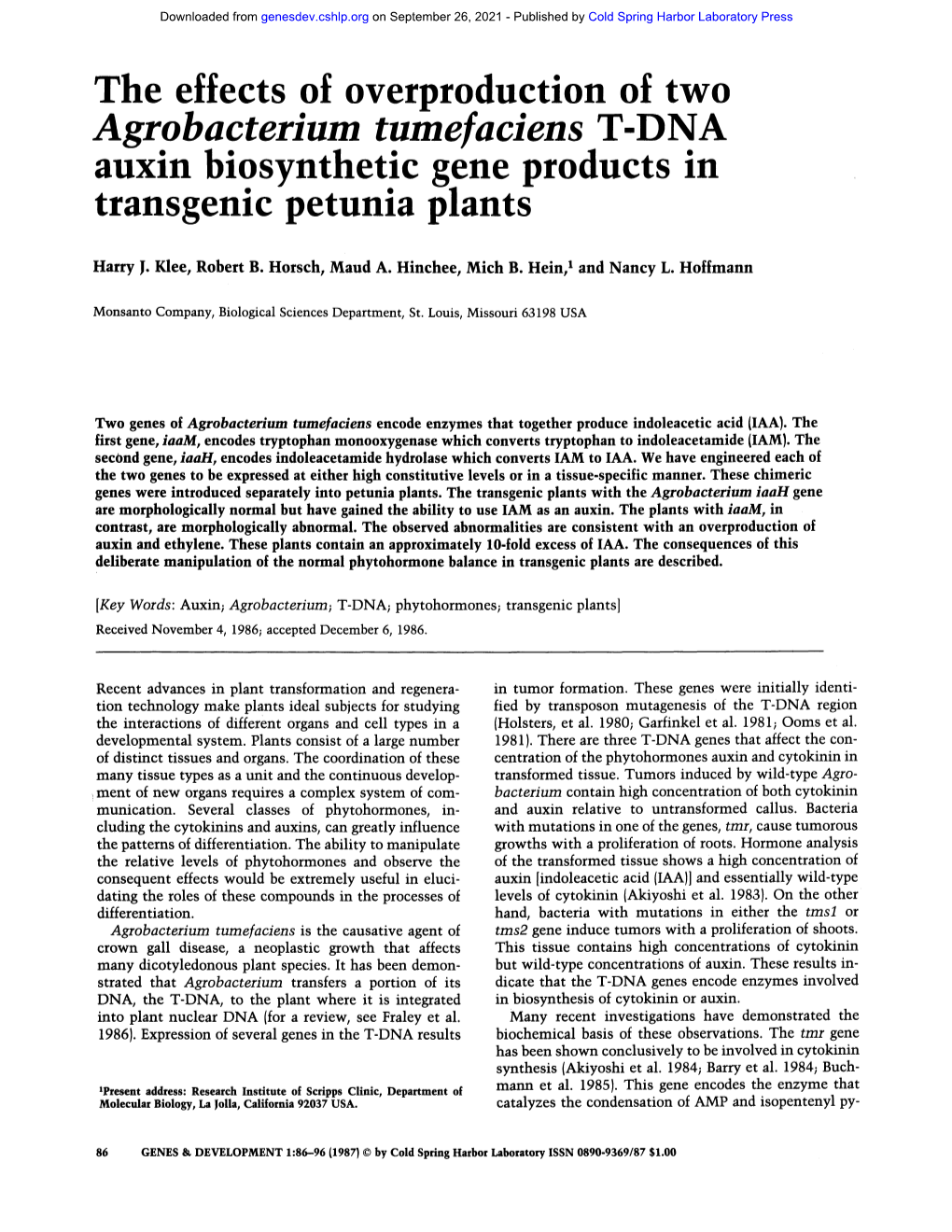 Agrobacterium Tumefaciens T-DNA Auxin Biosynthetic Gene Products in Transgen C Petunia Plants