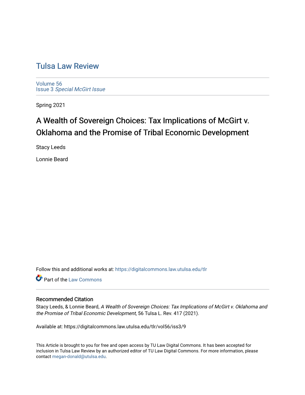 Tax Implications of Mcgirt V. Oklahoma and the Promise of Tribal Economic Development