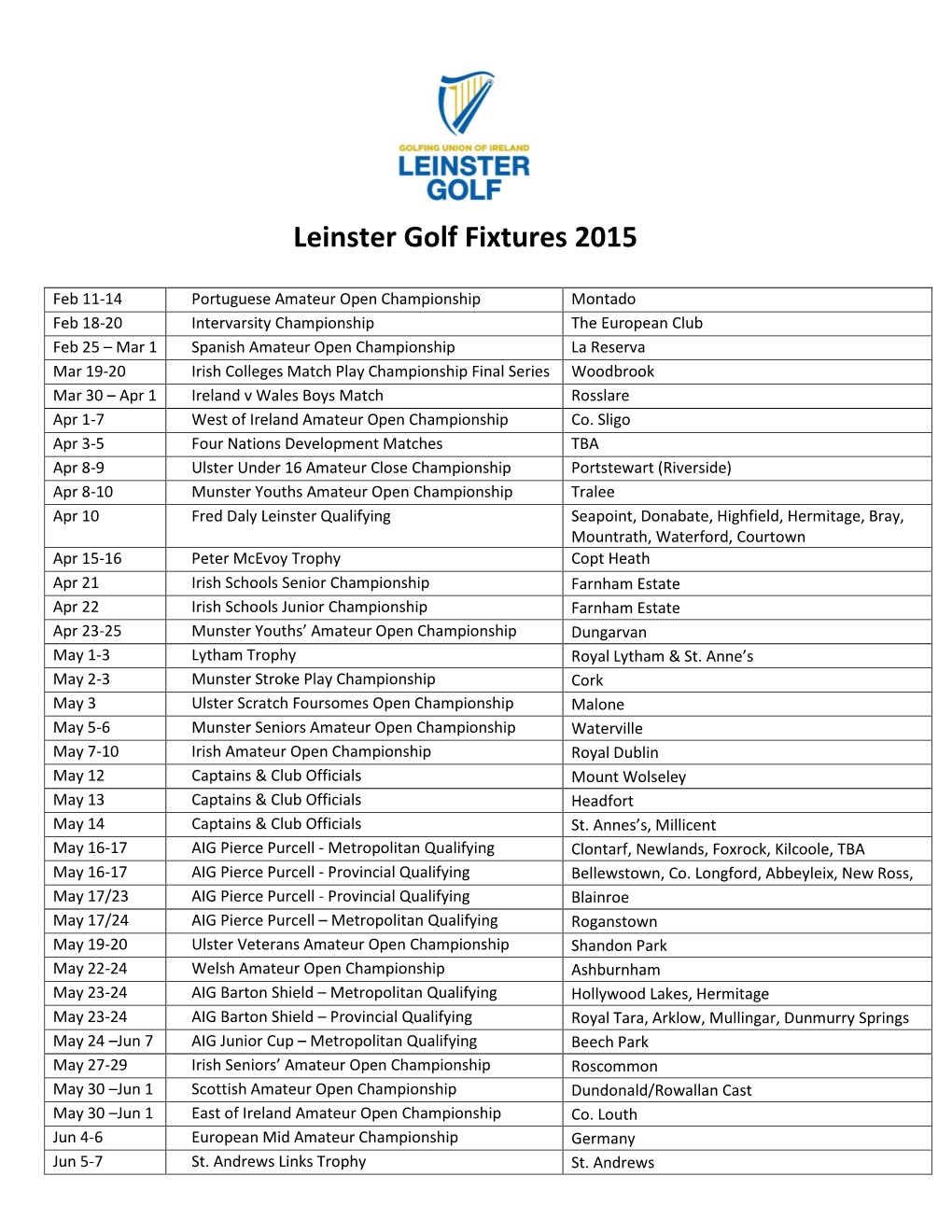 Leinster Golf Fixtures 2015