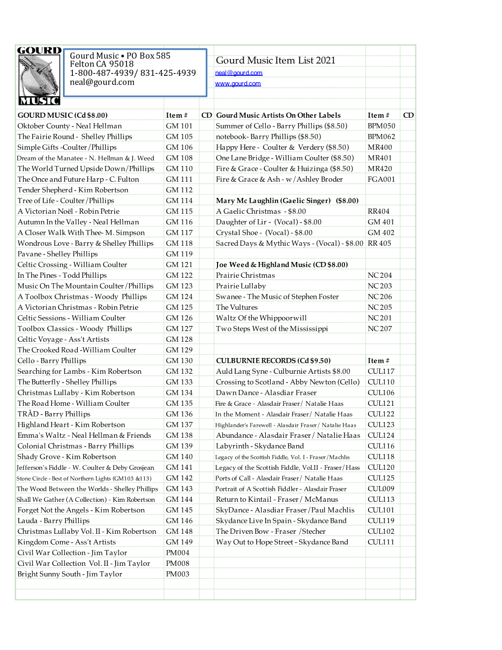 Gourd Music Item List 2021 1-800-487-4939/ 831-425-4939 Neal@Gourd.Com Neal@Gourd.Com