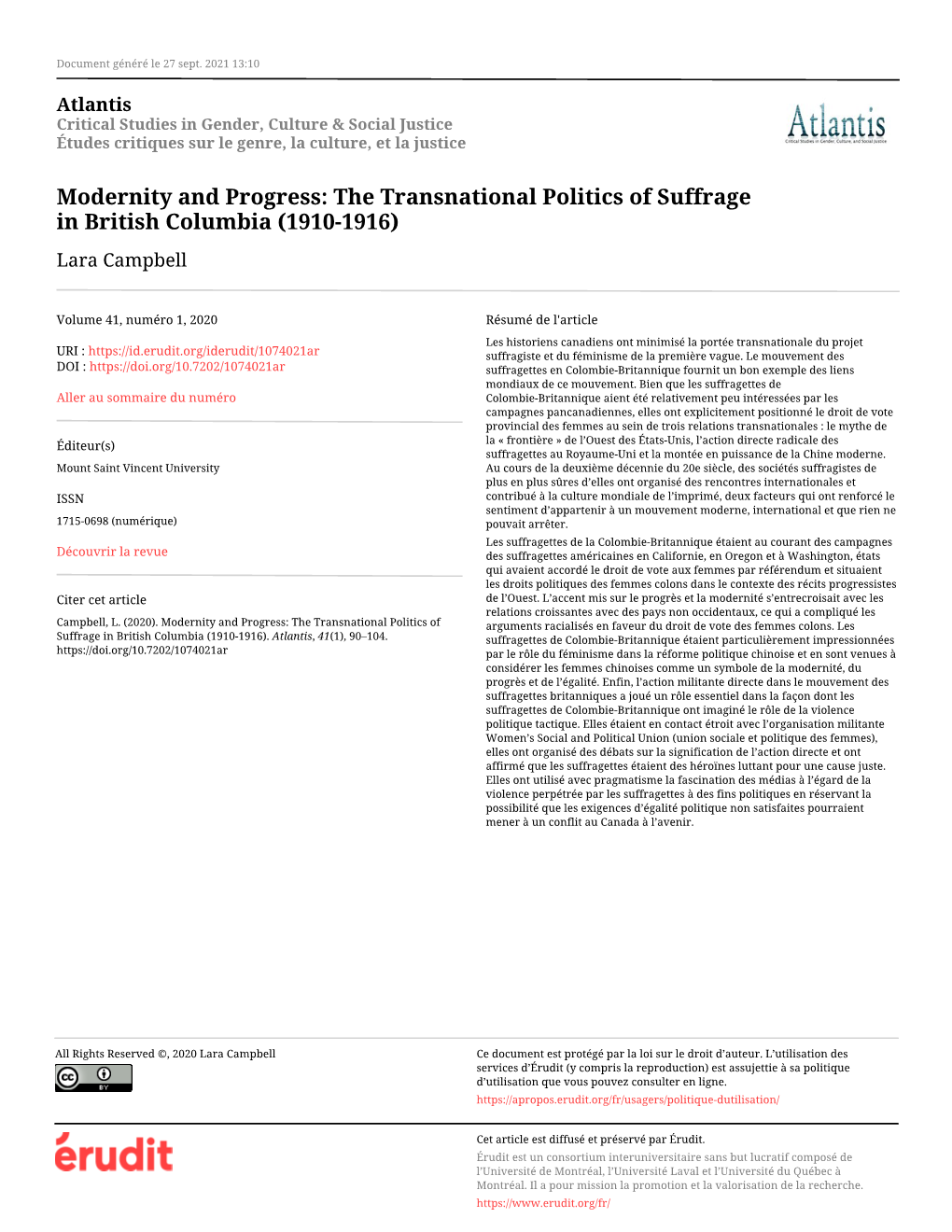 The Transnational Politics of Suffrage in British Columbia (1910-1916) Lara Campbell