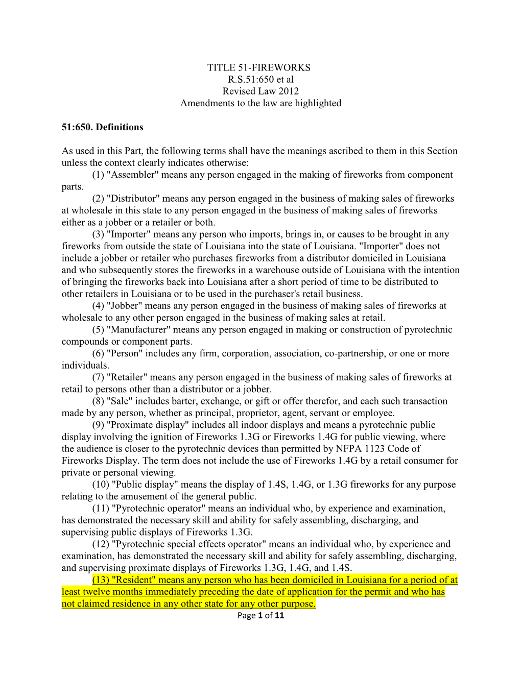 TITLE 51-FIREWORKS R.S.51:650 Et Al Revised Law 2012 Amendments to the Law Are Highlighted