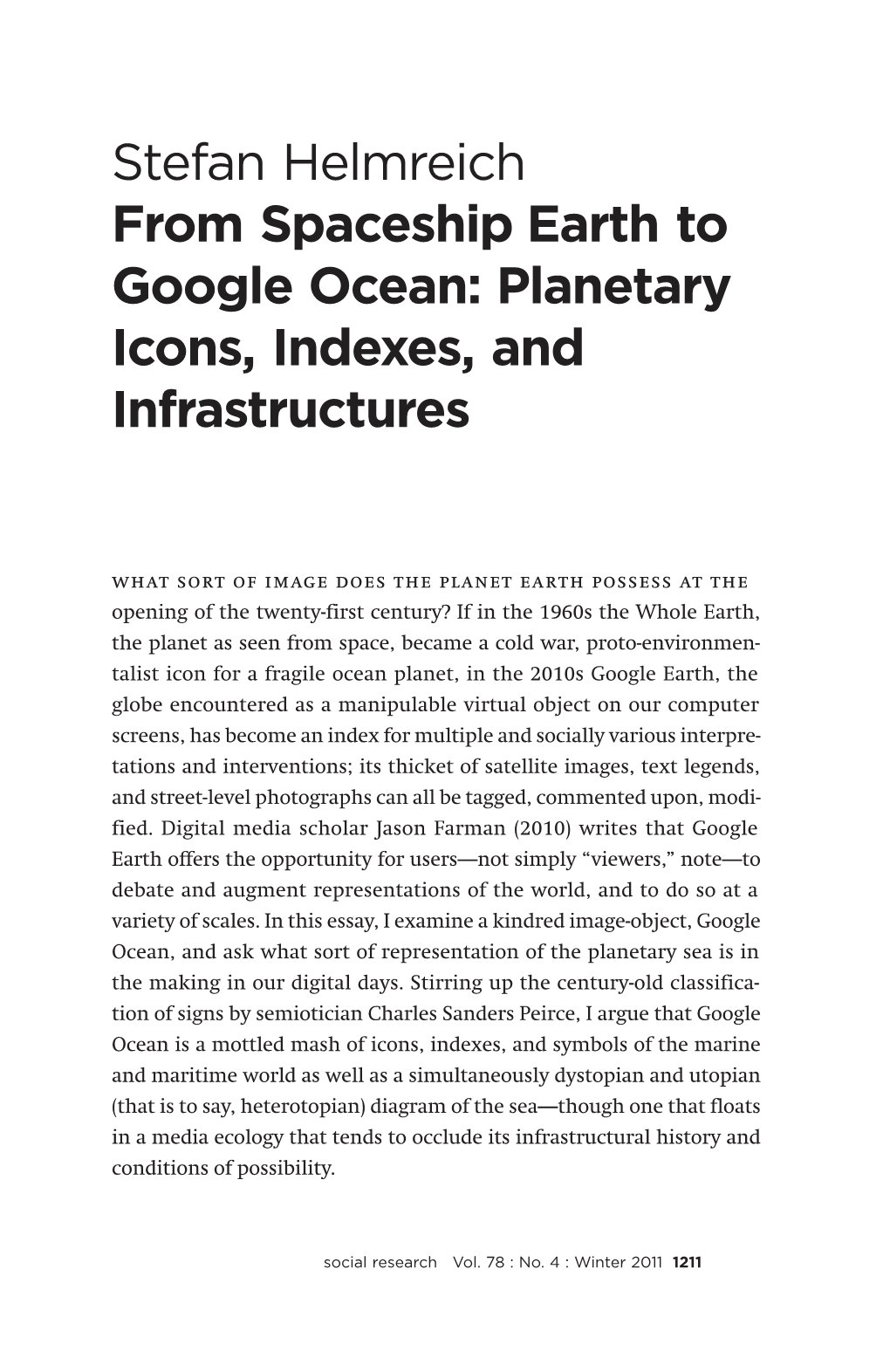 Stefan Helmreich from Spaceship Earth to Google Ocean: Planetary Icons, Indexes, and Infrastructures