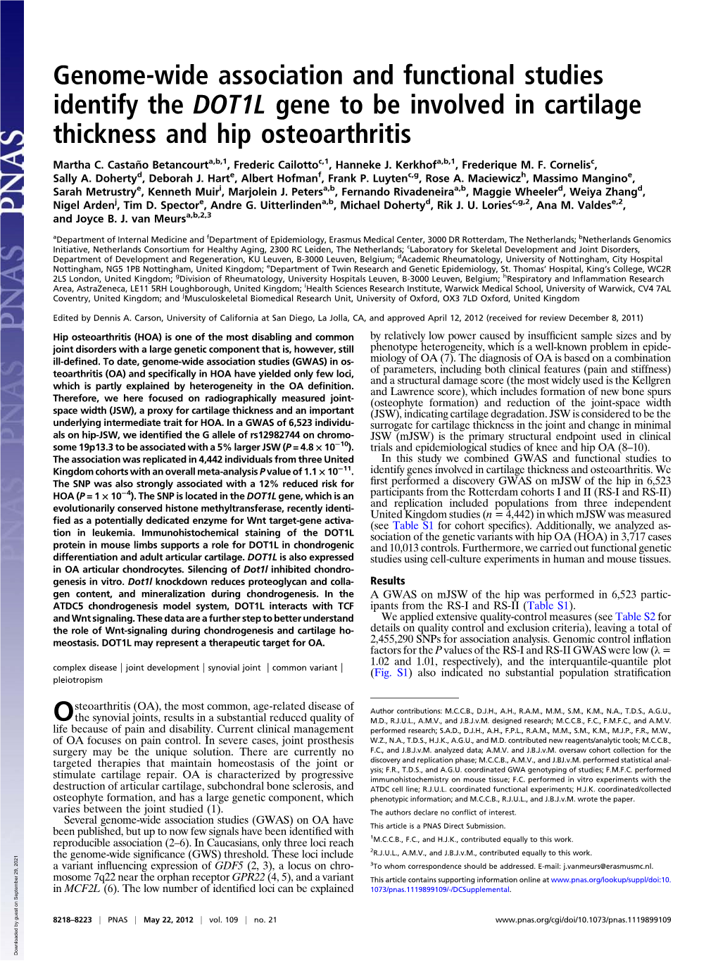 Genome-Wide Association and Functional Studies Identify the DOT1L Gene to Be Involved in Cartilage Thickness and Hip Osteoarthritis