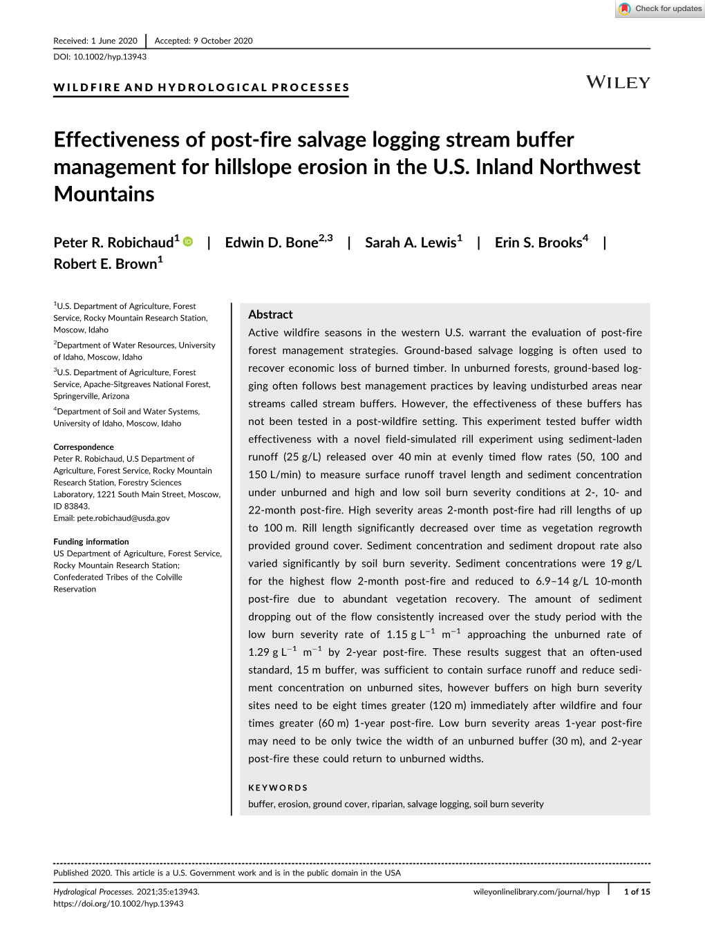 Effectiveness of Post‐Fire Salvage Logging Stream Buffer Management
