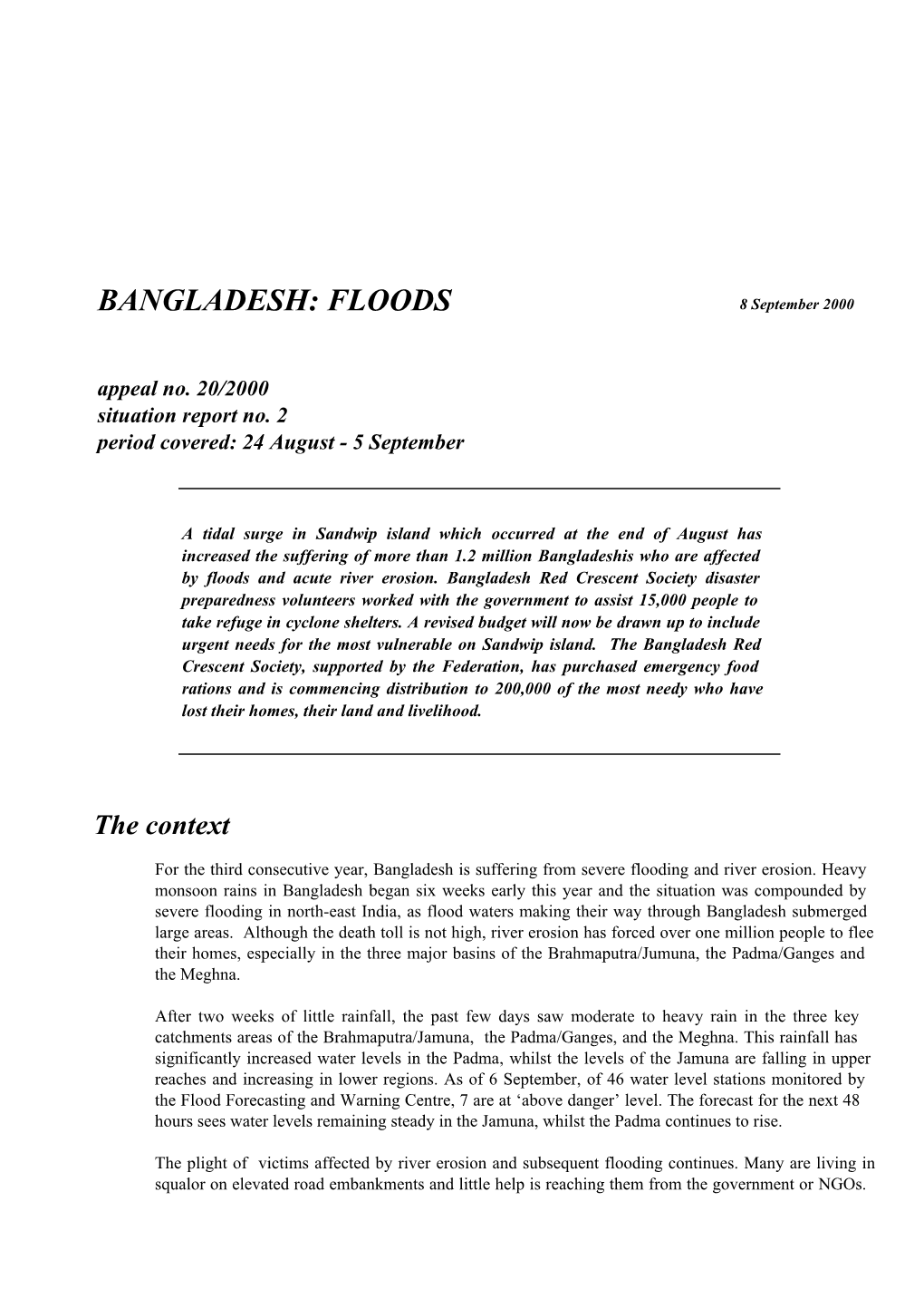 BANGLADESH FLOODS (Appeal 20/2000)