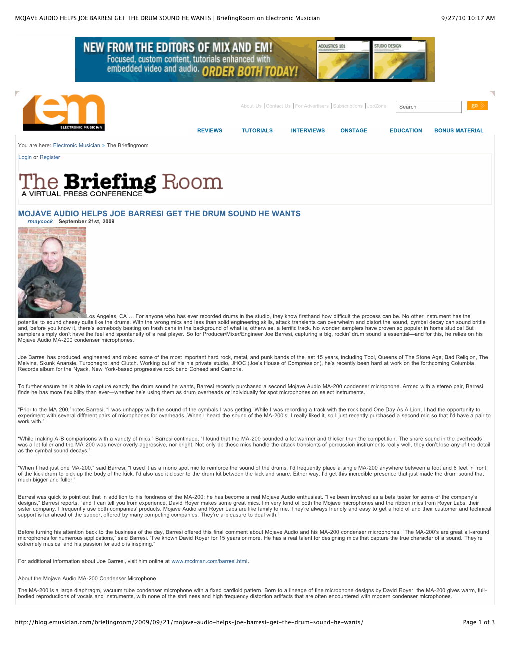 MOJAVE AUDIO HELPS JOE BARRESI GET the DRUM SOUND HE WANTS | Briefingroom on Electronic Musician 9/27/10 10:17 AM