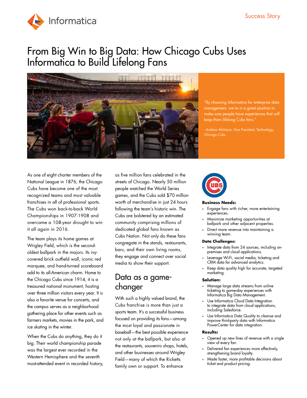 Chicago Cubs Uses Informatica to Build Lifelong Fans