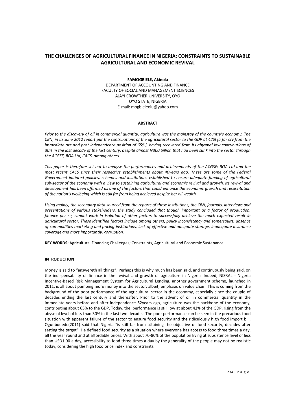 The Challenges of Agricultural Finance in Nigeria: Constraints to Sustainable Agricultural and Economic Revival