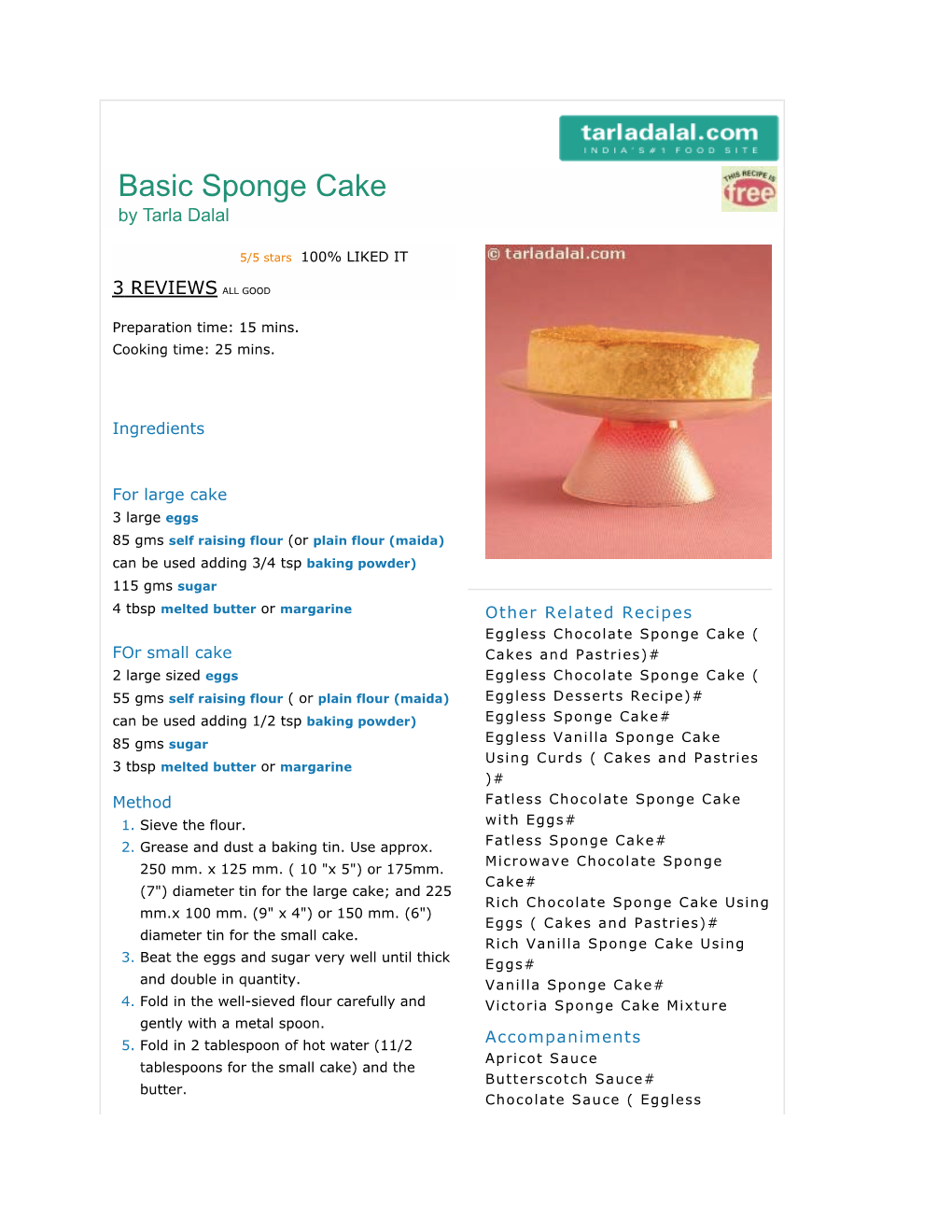 Basic Sponge Cake Recipe | Vegetarian Recipes | by Tarla Dalal