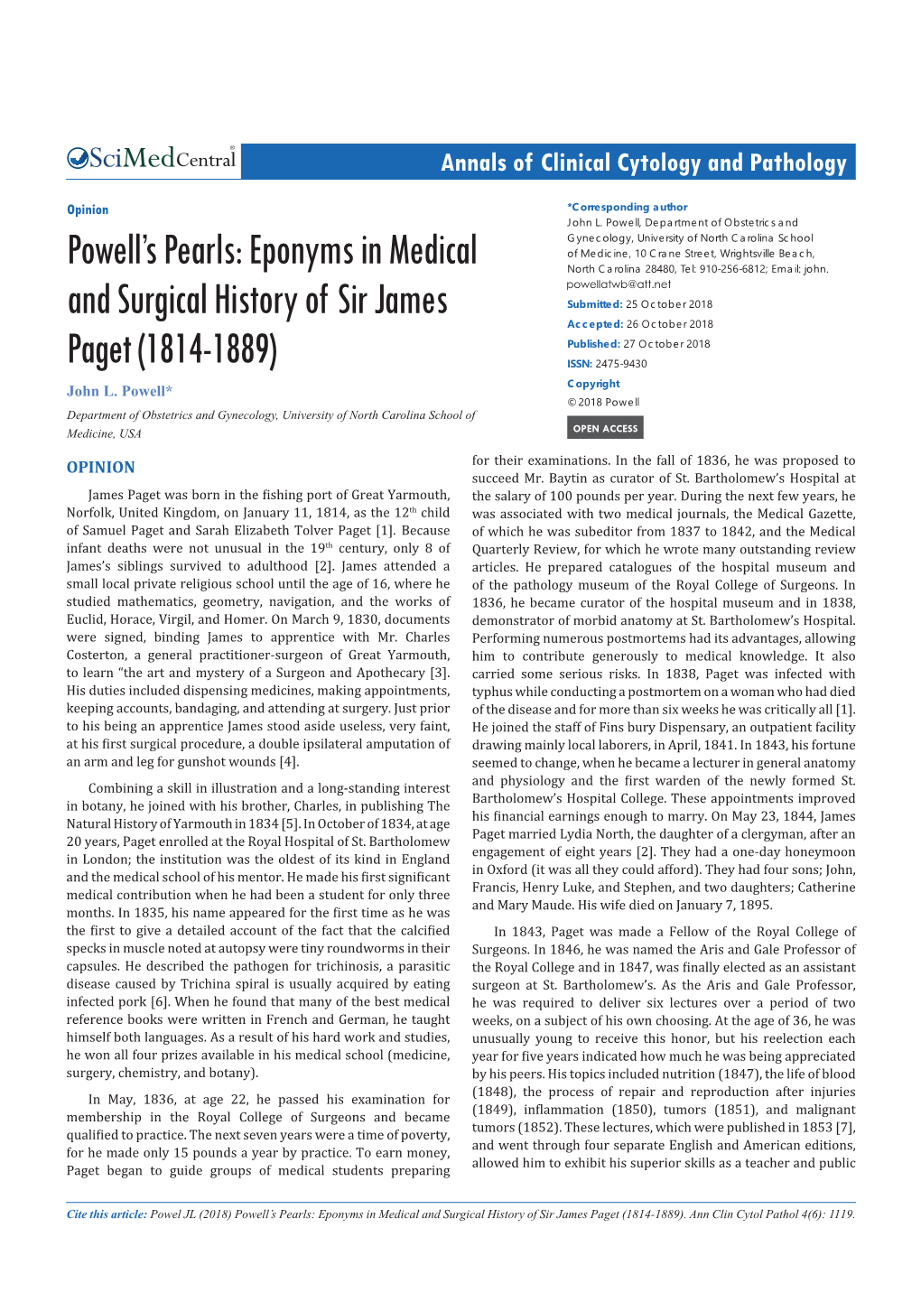 Powell's Pearls: Eponyms in Medical and Surgical History of Sir James Paget