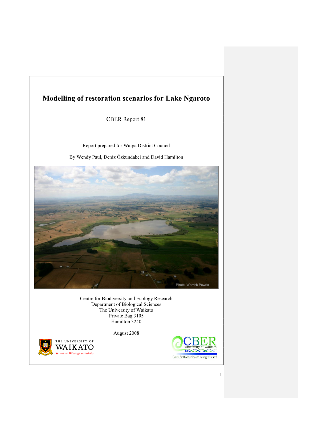 Modelling of Restoration Scenarios for Lake Ngaroto