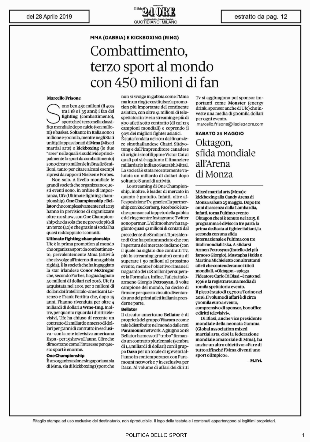 Combattimento, Terzo Sport Al Mondo Con 450 Milioni Di Fan