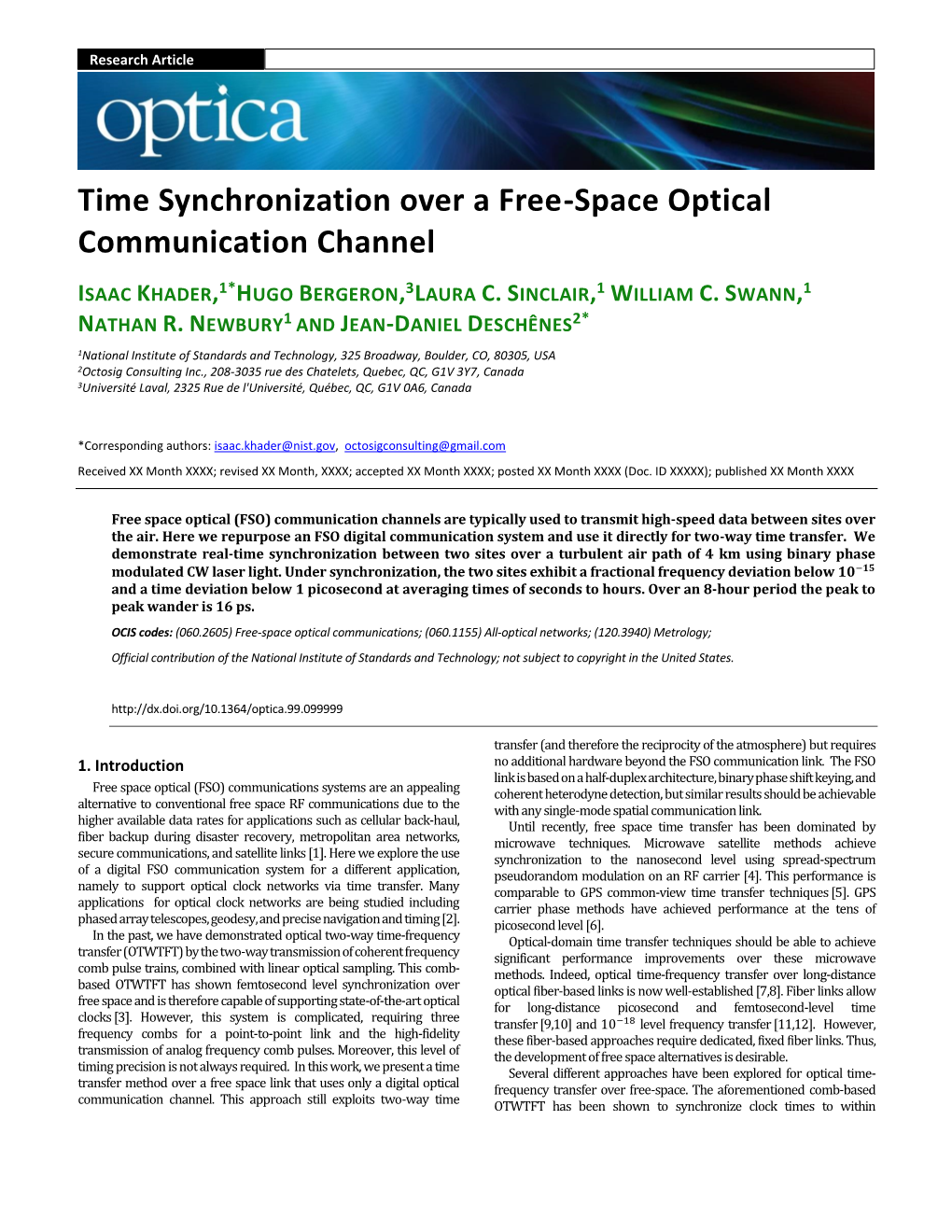 Time Synchronization Over a Free-Space Optical Communication Channel