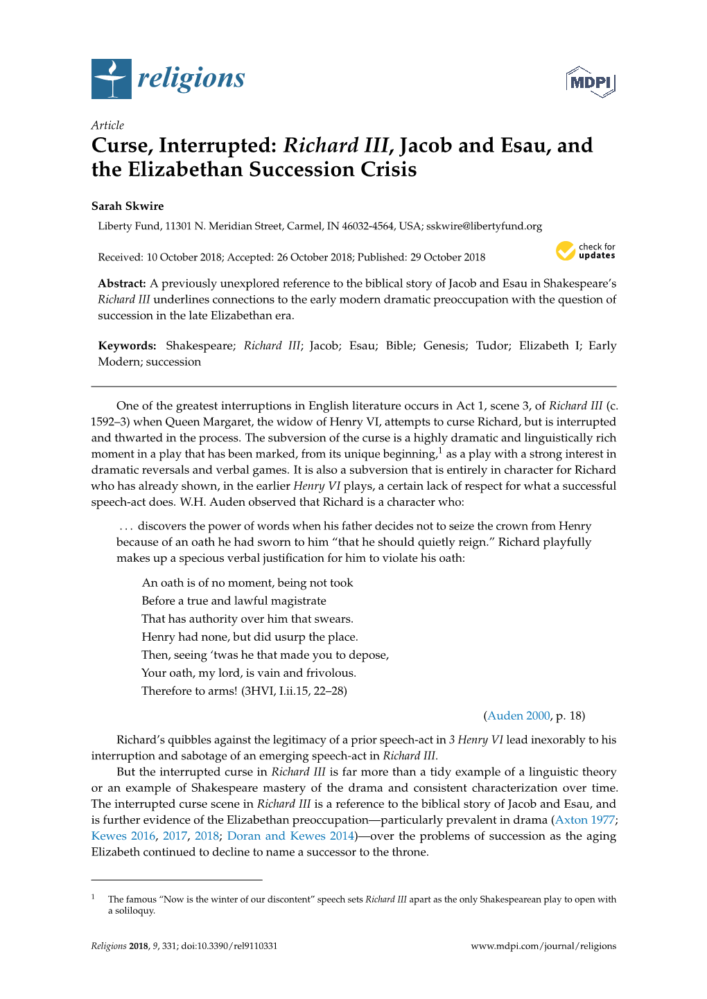 Richard III, Jacob and Esau, and the Elizabethan Succession Crisis