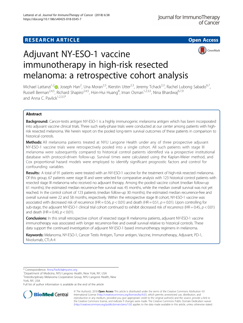 Adjuvant NY-ESO-1 Vaccine Immunotherapy in High-Risk