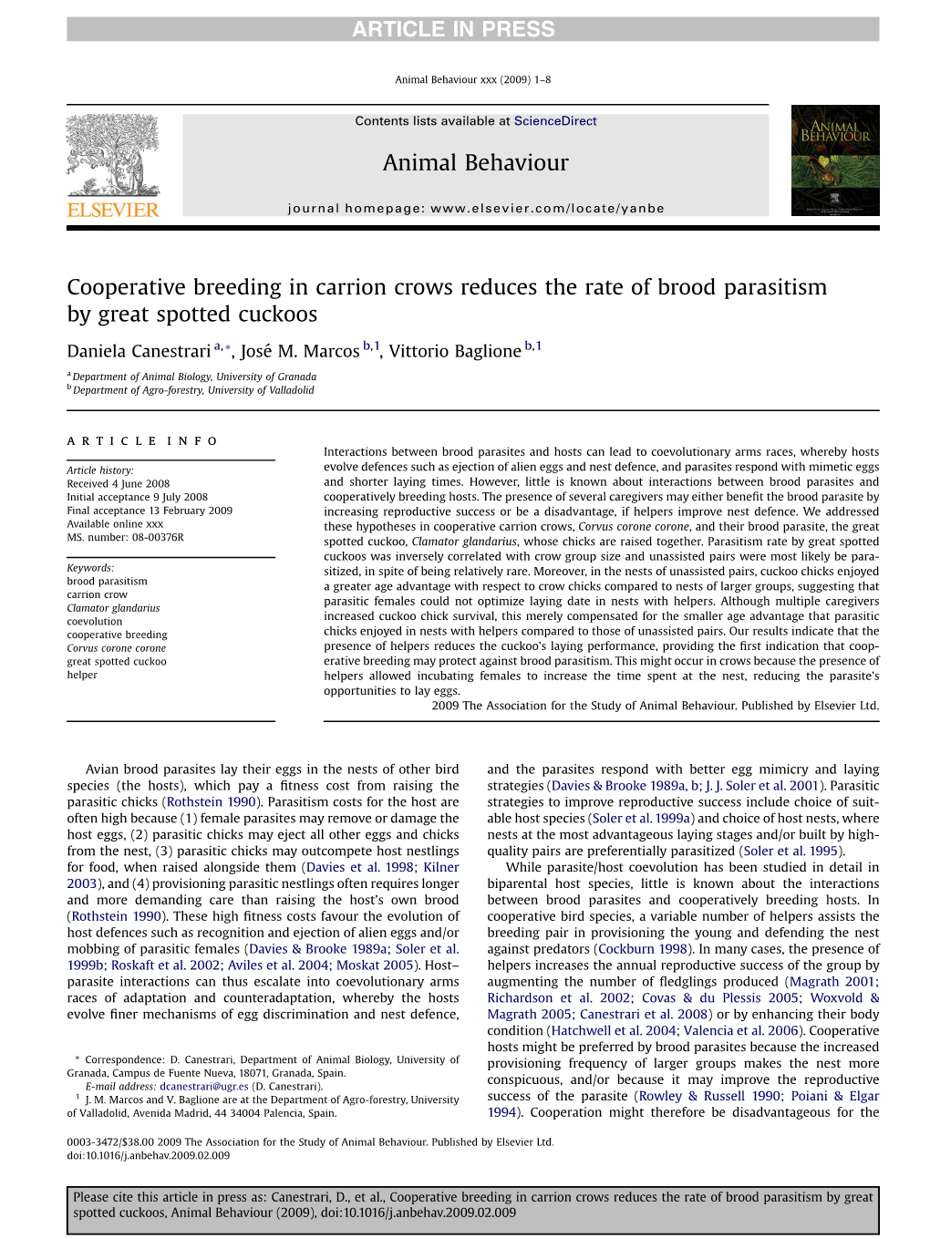 Cooperative Breeding in Carrion Crows Reduces the Rate of Brood Parasitism by Great Spotted Cuckoos