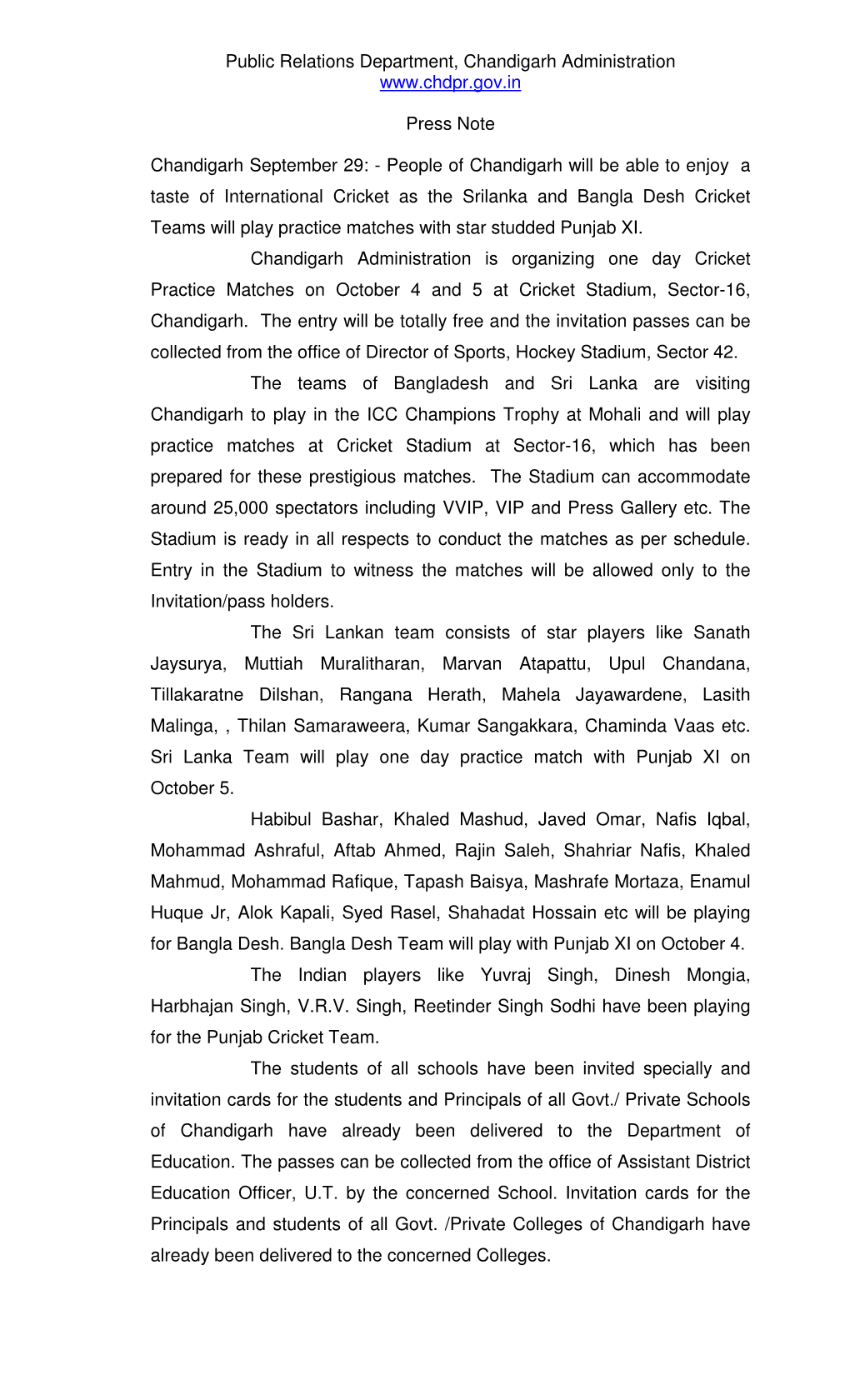 Public Relations Department, Chandigarh Administration Press Note Chandigarh September