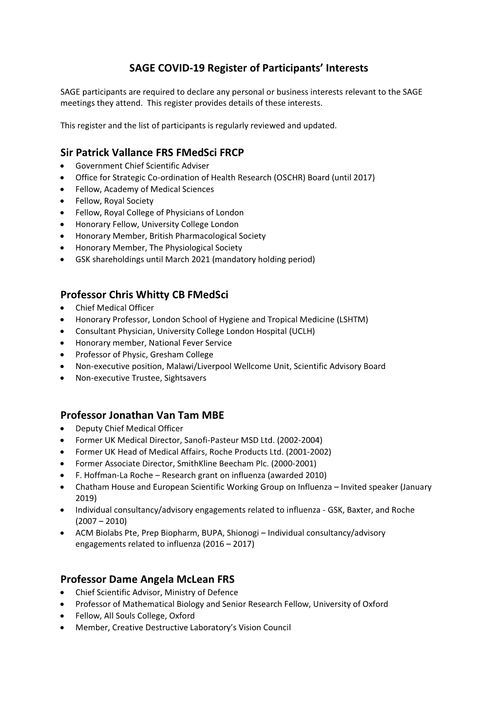 SAGE COVID-19 Register of Participants' Interests Sir Patrick Vallance FRS Fmedsci FRCP Professor Chris Whitty CB Fmedsci Prof