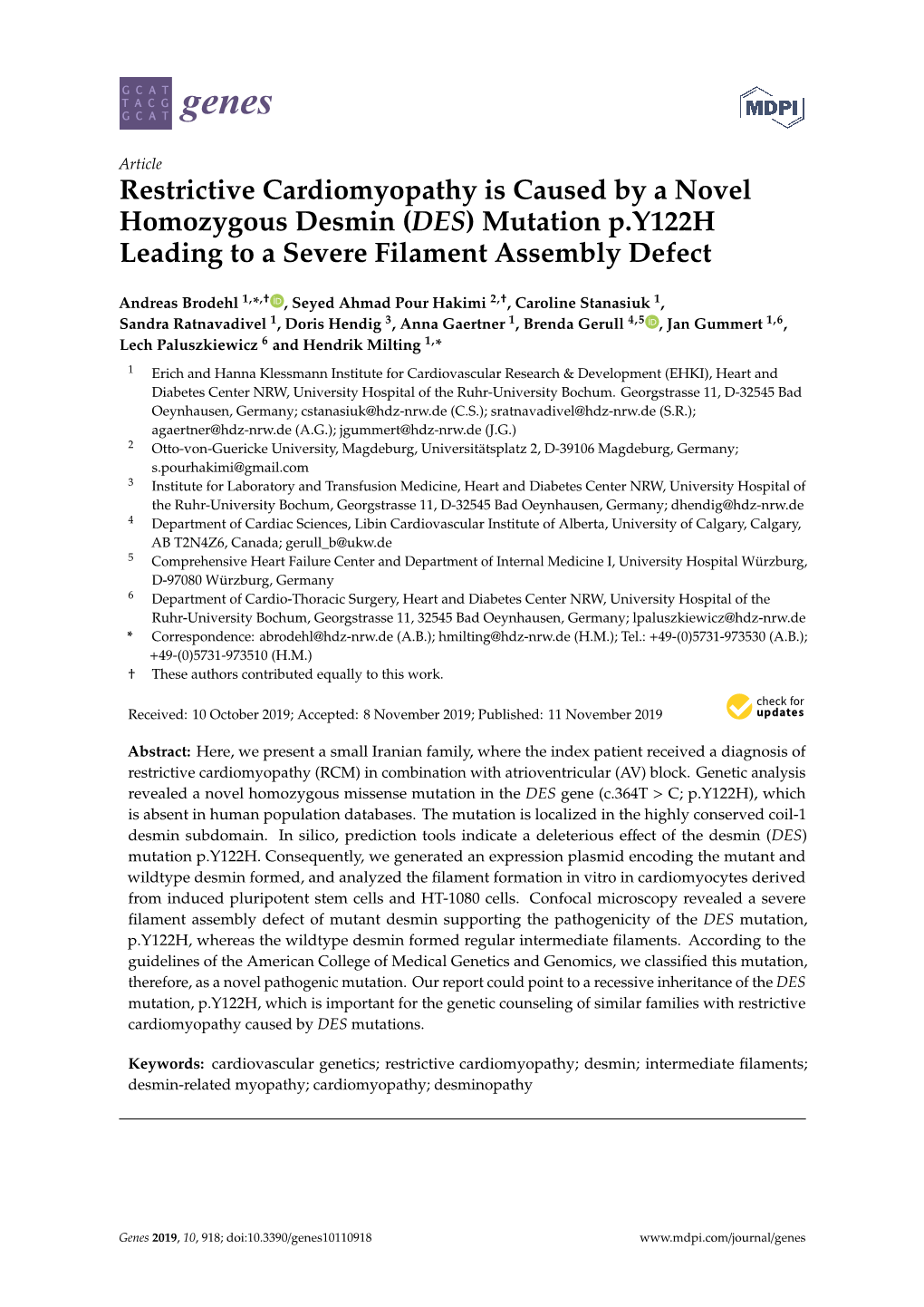 (DES) Mutation P.Y122H Leading to a Severe Filament Assembly Defect