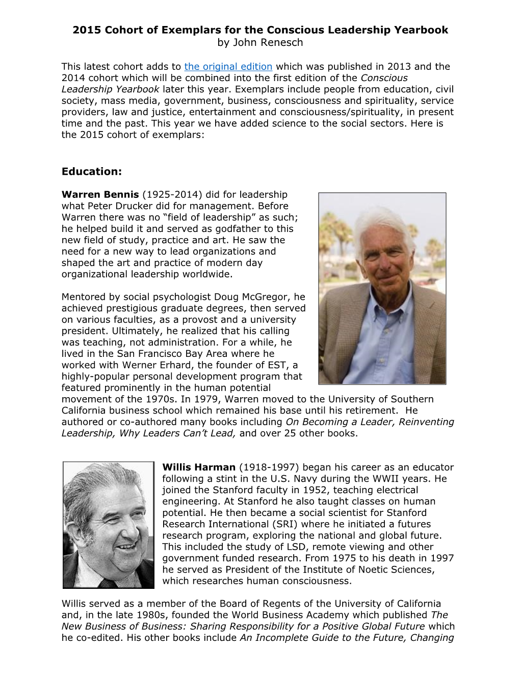 2015 Cohort of Exemplars for the Conscious Leadership Yearbook by John Renesch