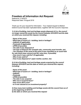 Freedom of Information Act Request Reference: F18/0272 Response Date: 9 August 2018