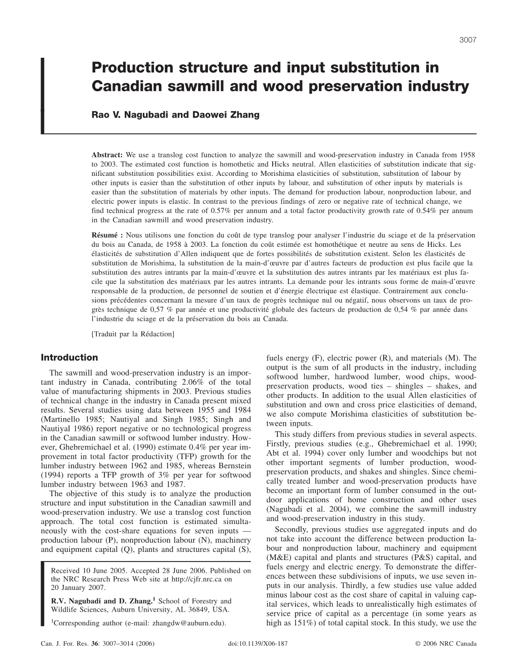 Production Structure and Input Substitution in Canadian Sawmill and Wood Preservation Industry