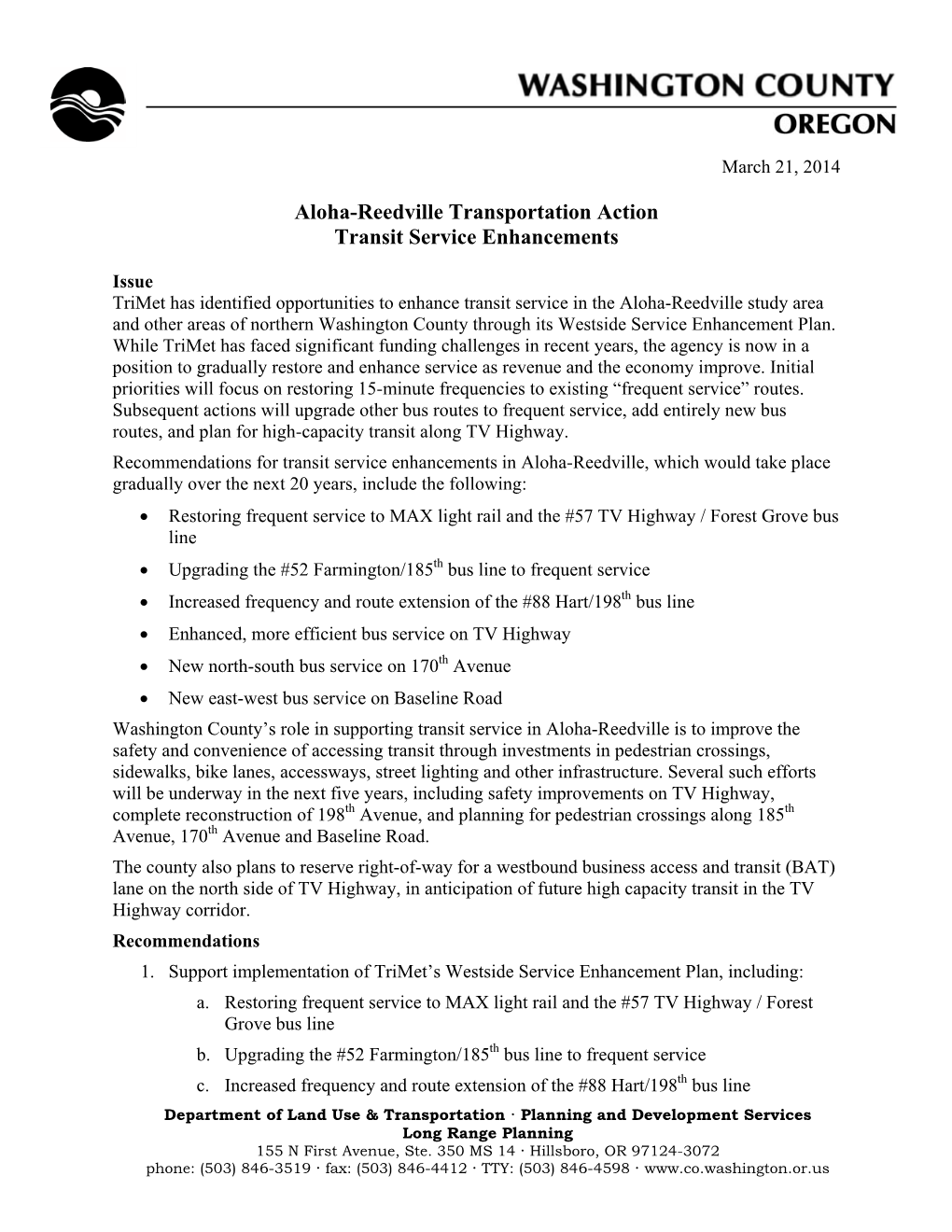 Aloha-Reedville Transportation Action Transit Service Enhancements