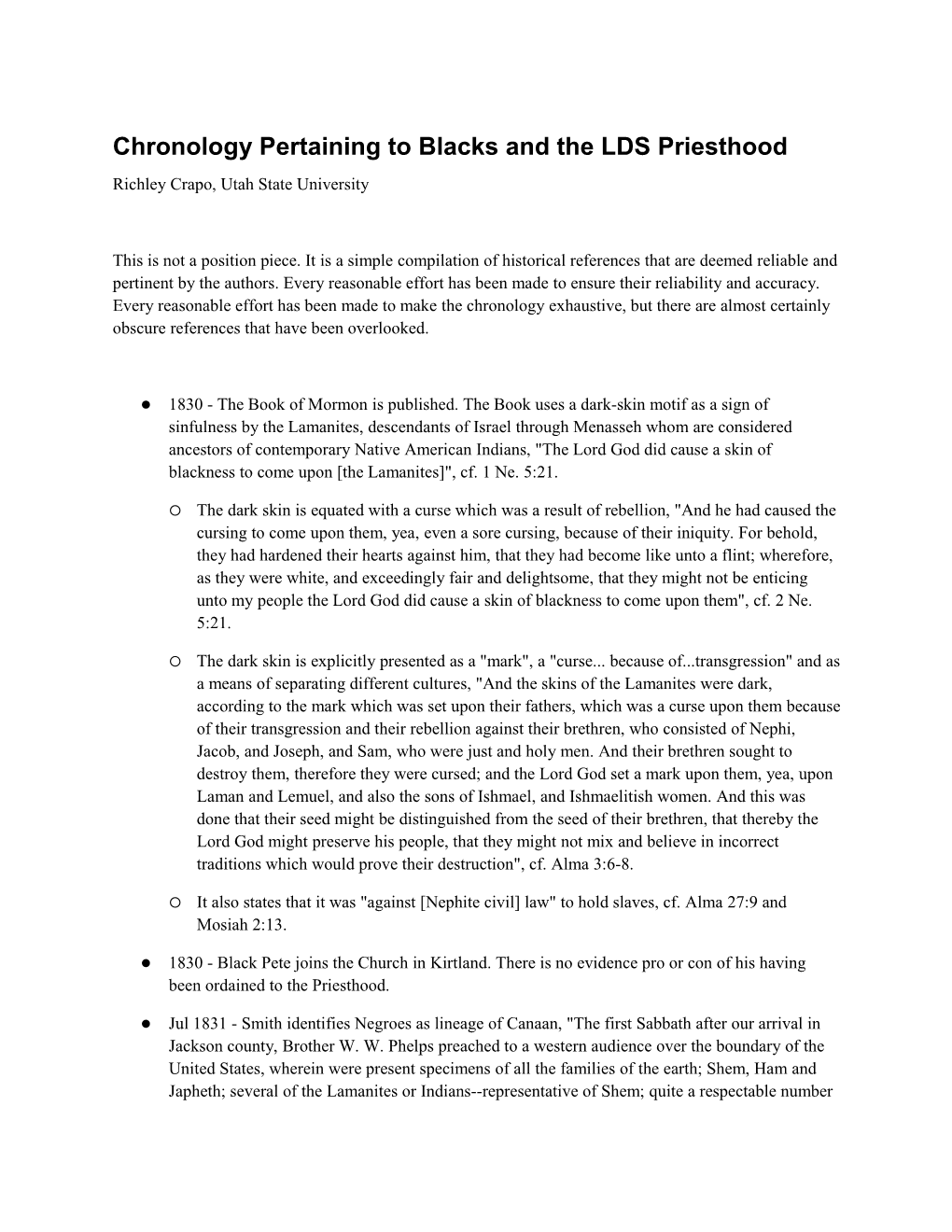 Chronology Pertaining to Blacks and the LDS Priesthood Richley Crapo, Utah State University